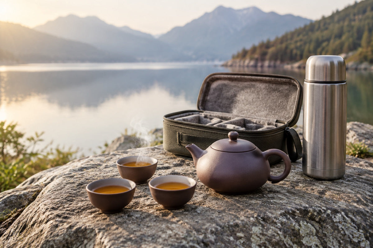 Small purple clay travel teapot, three cups of tea, a thermos and a travel case on a rock by a mountain lake
