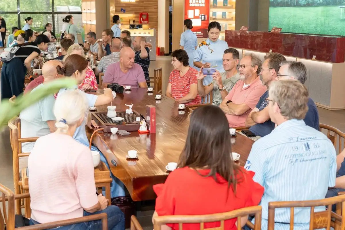 Group of people enjoying Chinese tea culture around Tealibere teaware at a wooden table