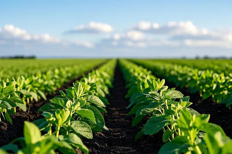 Rows of green soybean plants illustrating fresh green tea leaves for Silver Needle and Shou Mei