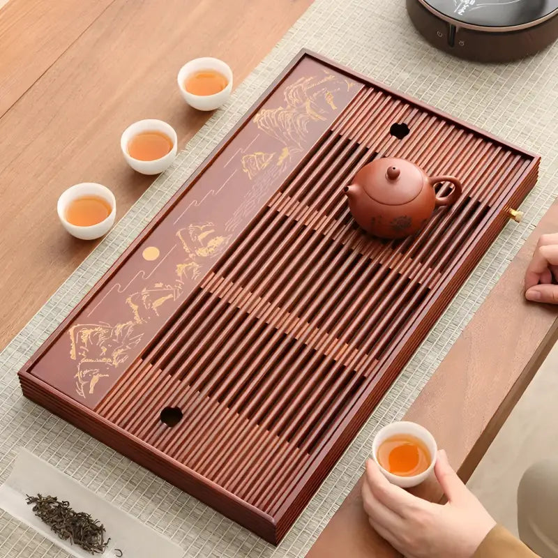 Mountain Flow bamboo gongfu tray with wooden tea tray, teapot, and cups for elegant tea service