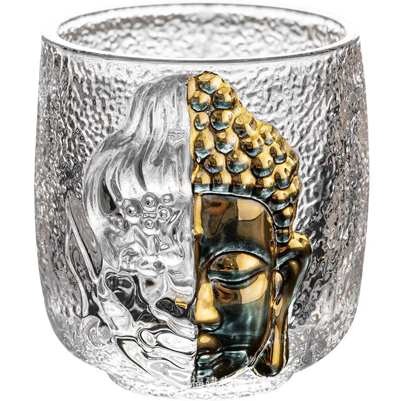 Textured glass Buddha ice crackle teacup with spiritual symbolism for relaxation
