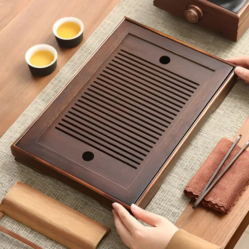 Rectangular wooden tea tray from Quiet Stream showcasing a stylish bamboo tea tray design