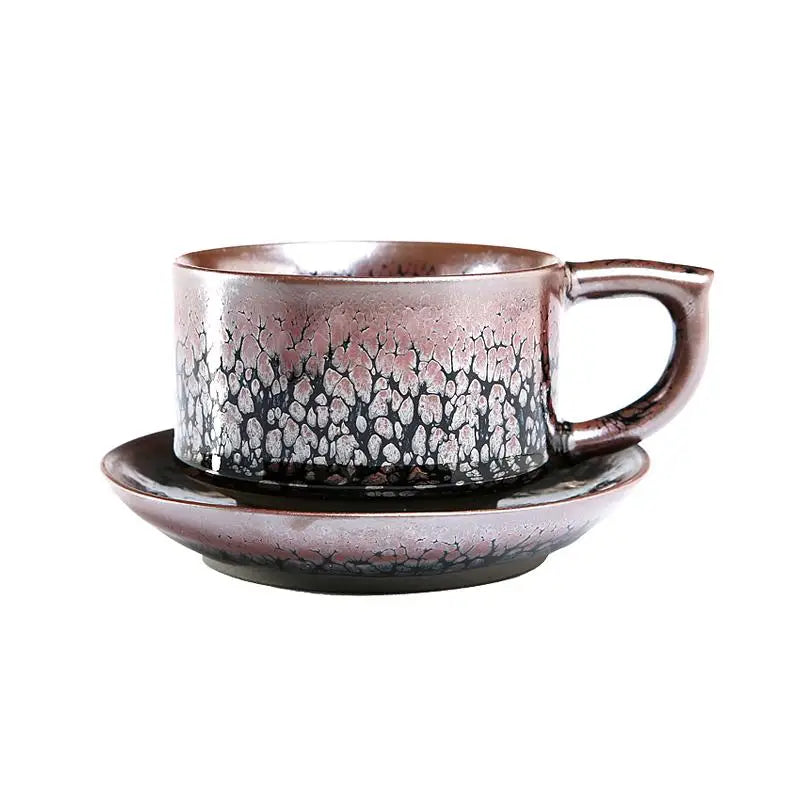 Iridescent pink and black succulent coffee cup with saucer, Jian Zhan handmade tenmoku style