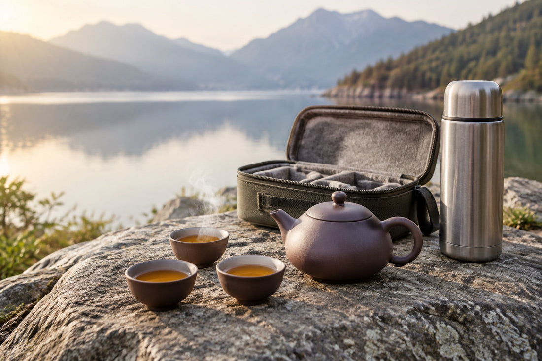 Small purple clay travel teapot, three cups of tea, a thermos and a travel case on a rock by a mountain lake