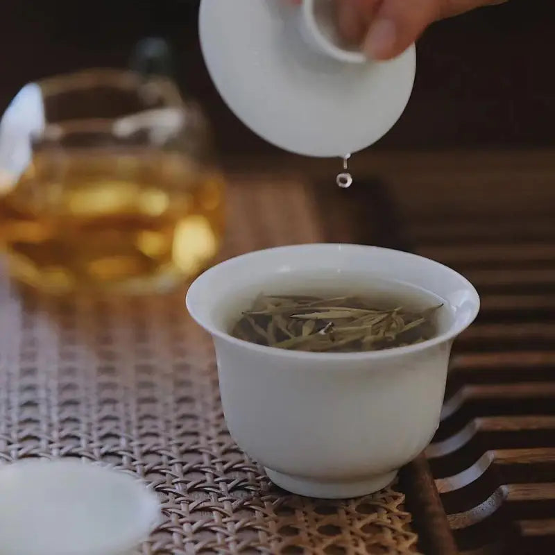 White tea cup with lid featuring 2020 Bai Mu Dan White Tea for a sweet floral flavor