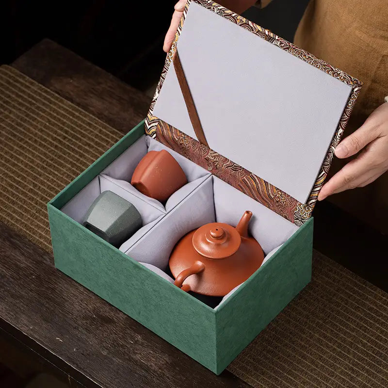 Amber Lotus Tea Set in decorative box featuring Yixing Zisha teaware set