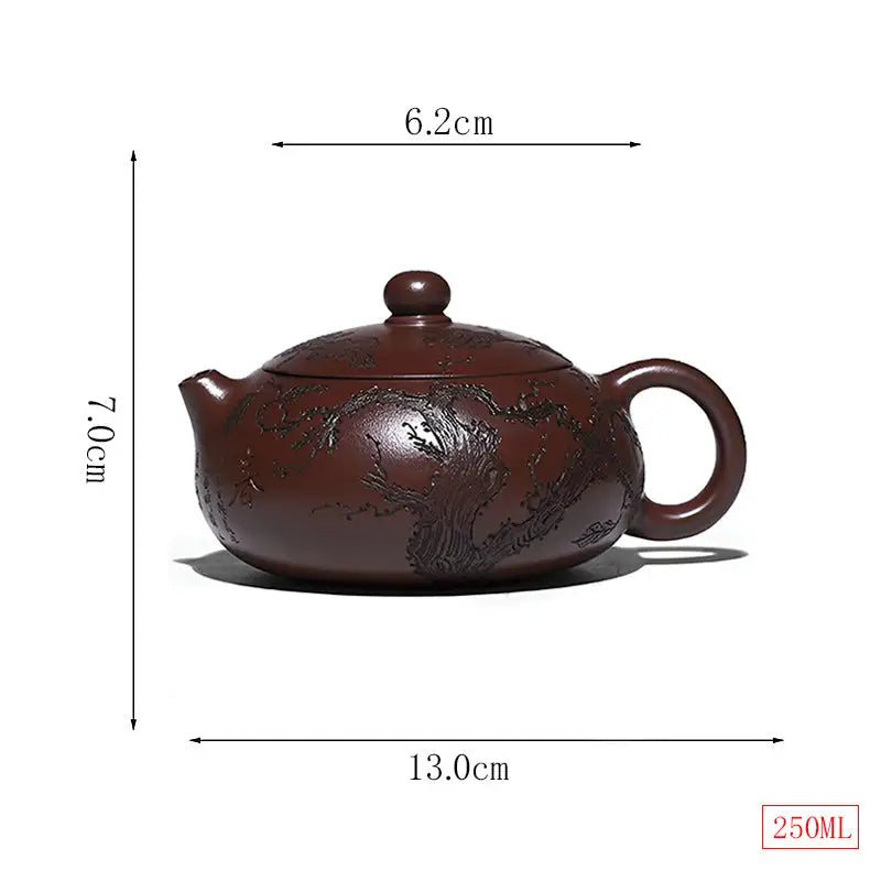 Brown Yixing Zisha ceramic teapot with dimensions from the Ancient Plum Tree collection