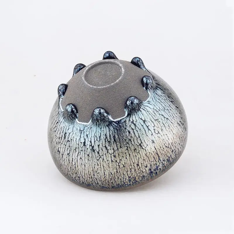 Round textured ceramic vase with dark accents for Jian Zhan or Zhan Teacup decor