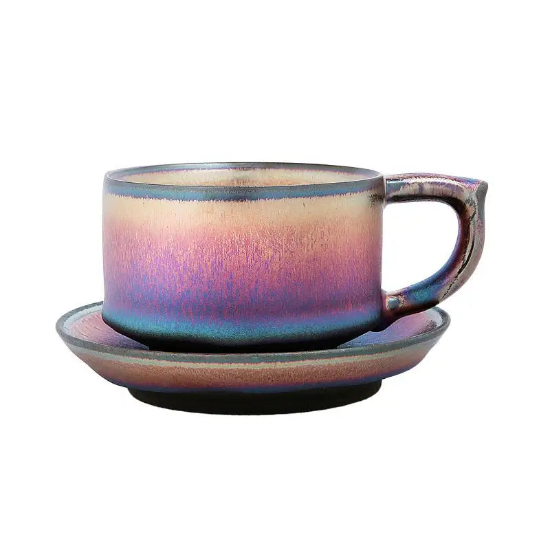 Iridescent ceramic aurora coffee cup and saucer with jianyang tenmoku tenmoku glaze