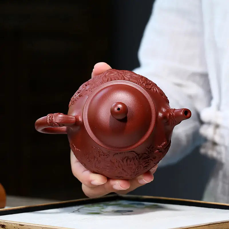 Ornate reddish-brown Jiashui Zitao masterpiece teapot from the Auspicious Dragon gongfu tea collection