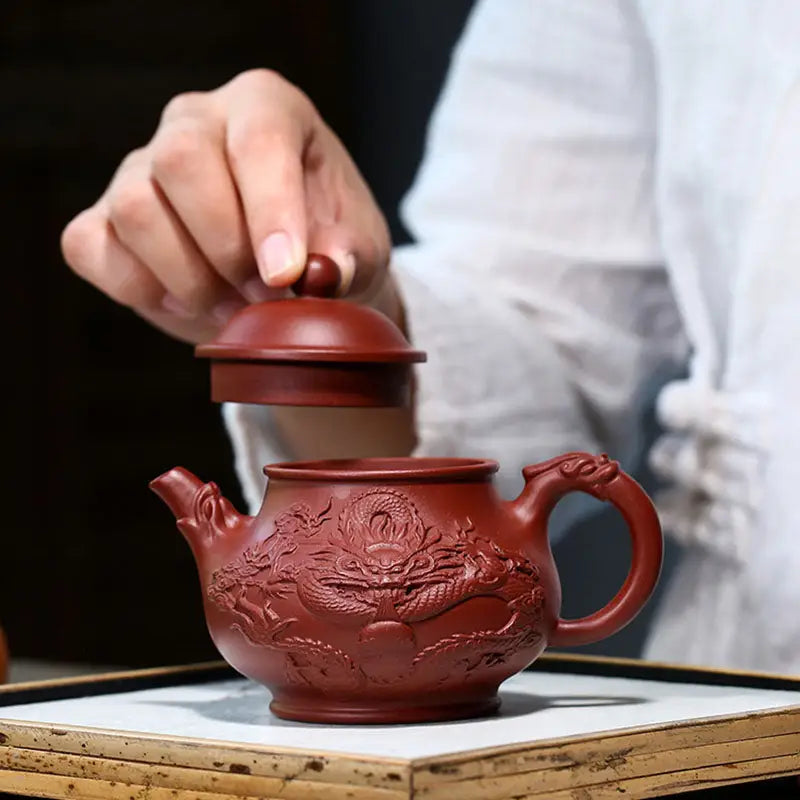 Red-clay teapot with dragon relief from Auspicious Dragon, a jiashui zitao masterpiece for gongfu tea