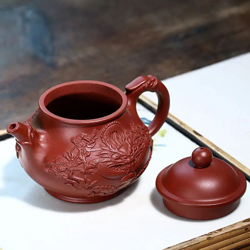 Red-clay teapot with dragon relief from the Auspicious Dragon jiashui zitao masterpiece for gongfu tea