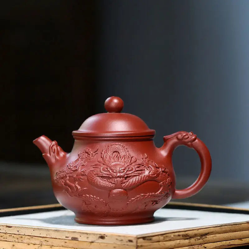 Red-clay teapot with dragon relief from the Jiashui Zitao masterpiece for gongfu tea, Auspicious Dragon