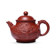 Red-brown ceramic teapot with dragon relief from Auspicious Dragon Jiashui Zitao masterpiece for Gongfu Tea