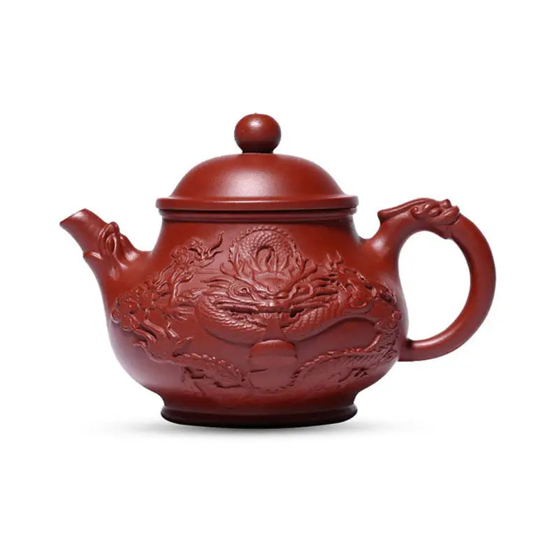 Red-brown ceramic teapot with dragon relief from Auspicious Dragon Jiashui Zitao masterpiece for Gongfu Tea