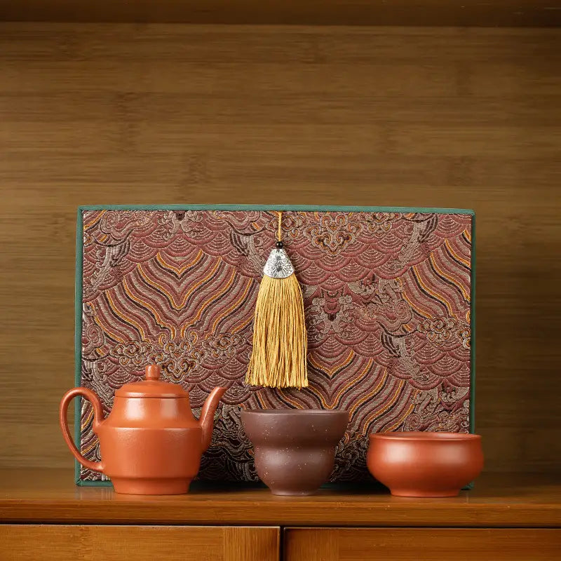 Autumn Square Tea Set with Yixing Zisha Yixing Teapot and decorative backdrop