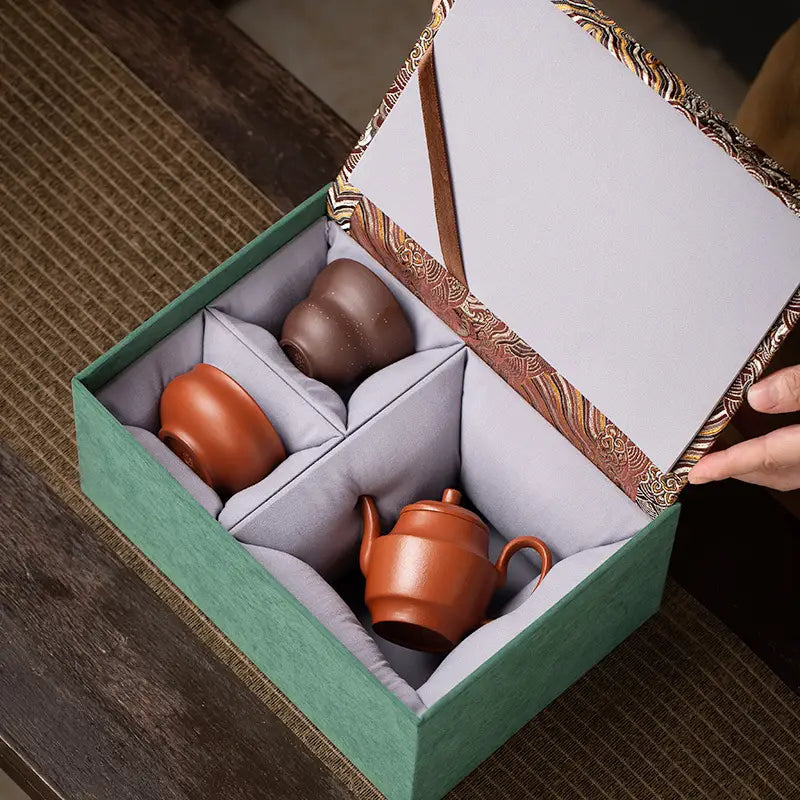 Autumn Square Tea Set in green box including Yixing Zisha Yixing Teapot and accessories