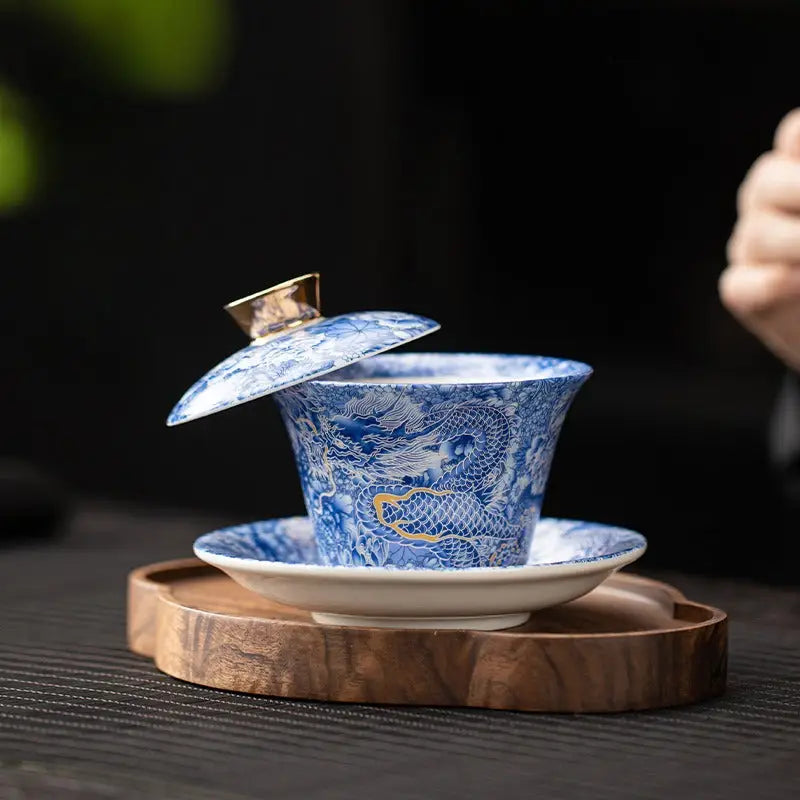 Blue and white dragon teacup with lid for azure dragon gaiwan, Jingdezhen enamel art gongfu tea brewing