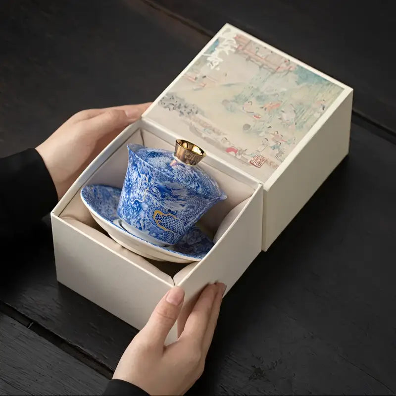 Blue and white porcelain tea set in decorative box for Azure Dragon Gaiwan, perfect for gongfu tea brewing
