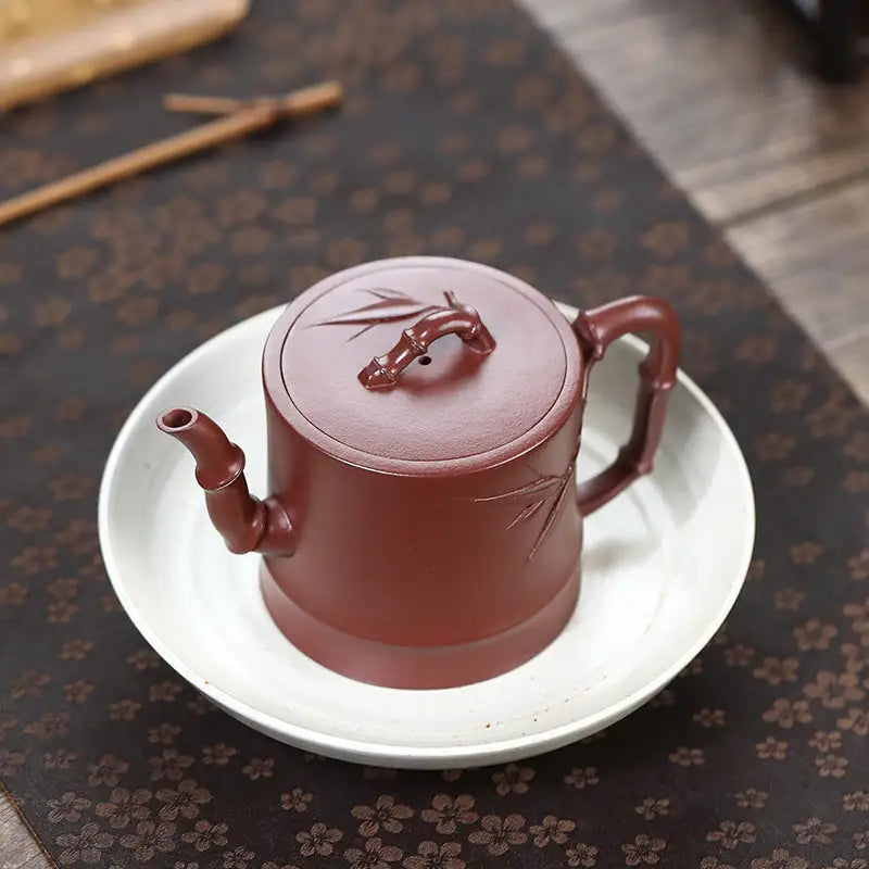 Maroon Yixing Zisha Gongfu Tea Teapot with Bamboo Accents from Bamboo Echo