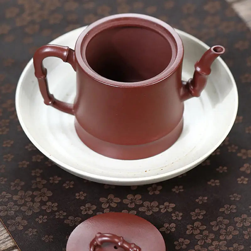 Maroon Yixing Zisha Gongfu Tea Teapot with Bamboo-Shaped Handle and Spout