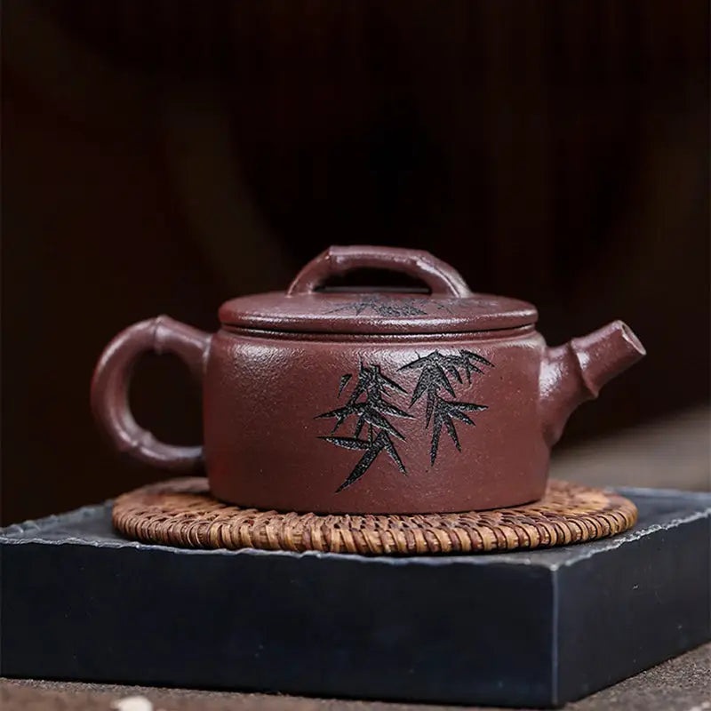 Maroon Yixing Zisha Teapot with Hand-Carved Bamboo Design from Bamboo Elegance