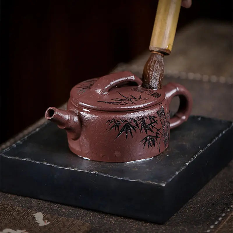 Maroon Yixing Zisha Teapot with Hand-Carved Bamboo Design from Bamboo Elegance Collection