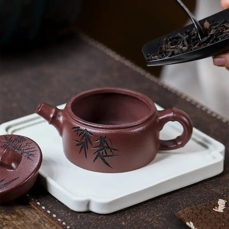 Maroon Yixing Zisha Teapot with Hand-Carved Bamboo Design from Bamboo Elegance Collection
