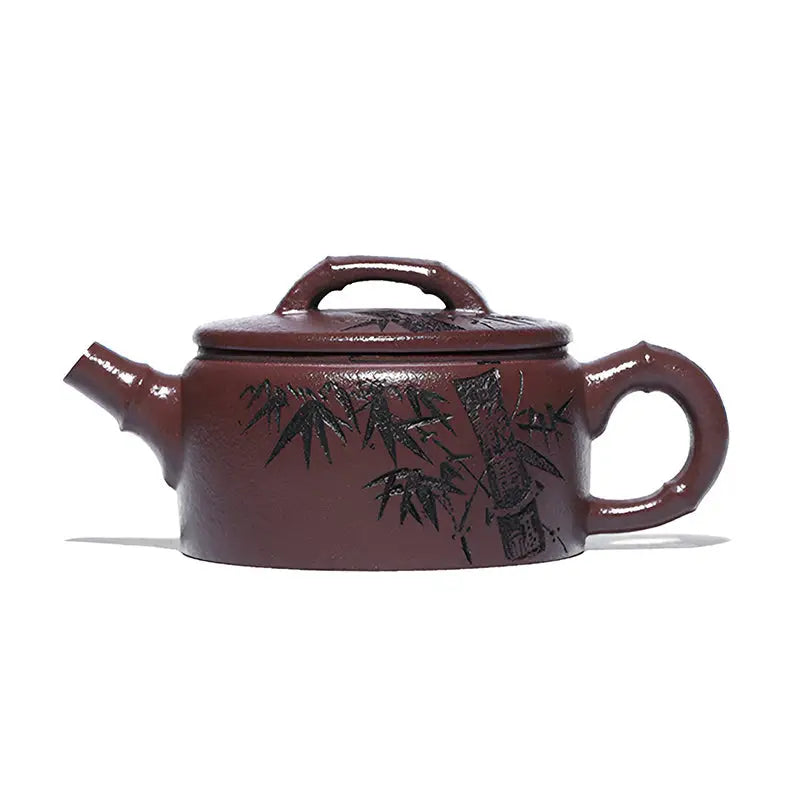 Maroon Yixing Zisha Teapot with Hand-Carved Bamboo Design in Bamboo Elegance Collection