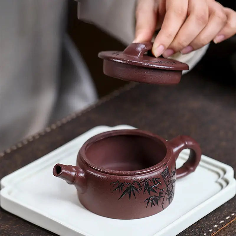 Maroon Yixing Zisha Teapot with Hand-Carved Bamboo Design from Bamboo Elegance Collection