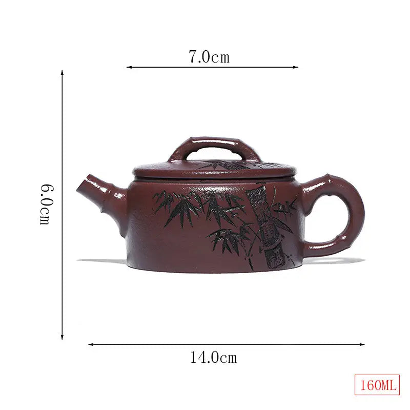 Maroon Yixing Zisha Teapot with Hand-Carved Bamboo Design from Bamboo Elegance Collection