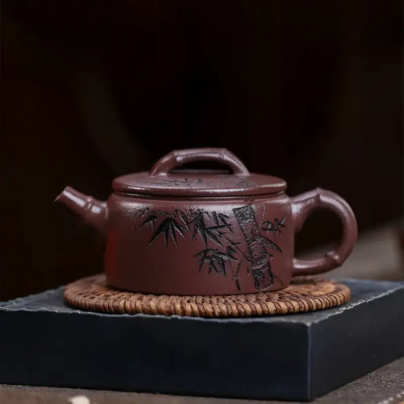 Maroon Yixing Zisha Teapot with Hand-Carved Bamboo Design from Bamboo Elegance