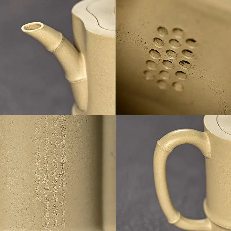 Beige Yixing Duanni teapot with bamboo flow handle and spout in Duanni clay