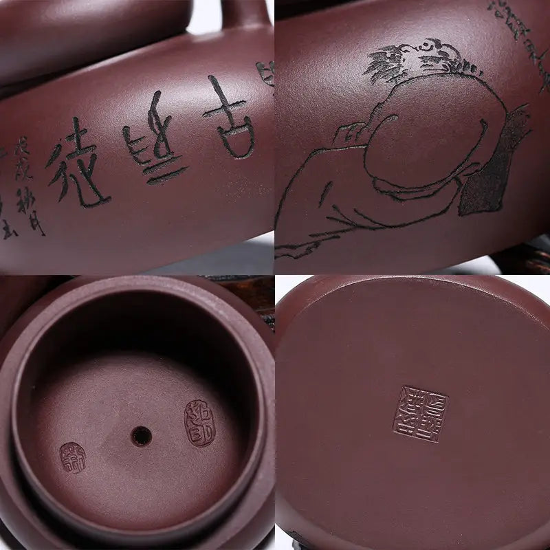 Maroon Yixing Zisha teapot with engravings from Bamboo Path Gongfu Tea Set
