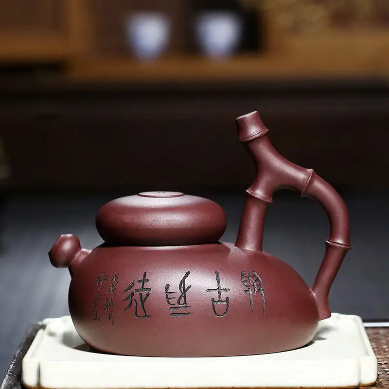 Maroon Yixing Zisha Teapot with Bamboo-Shaped Handle in Bamboo Path Gongfu Tea Set