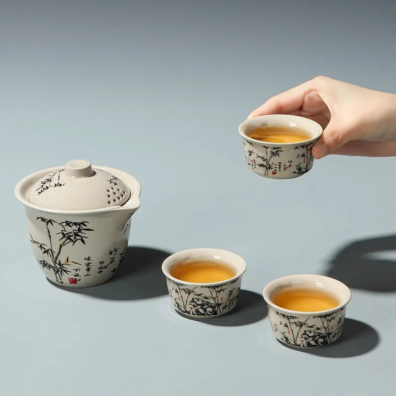 Bamboo and rock ash glaze travel tea set with hand-grip teapot, three cups and orange case – photo 4