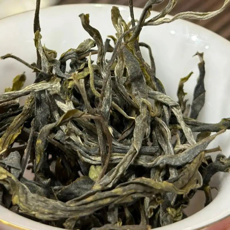 Dried green tea leaves from Bingdao Lao Zhai Raw Pu-erh 2024 tea product