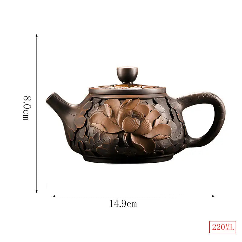 Brown floral-patterned Jianshui Zitao teapot from Bloom II, a stylish purple clay modern tea piece