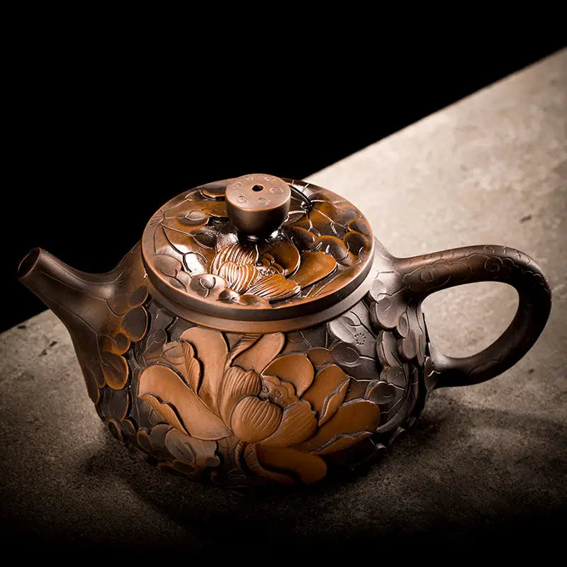 Ornate brown floral Jianshui Zitao teapot showcasing modern purple clay tea design in Bloom II