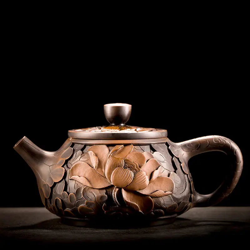 Ornate brown Jianshui Zitao Teapot with floral carvings from Bloom II Zitao Teapot Design