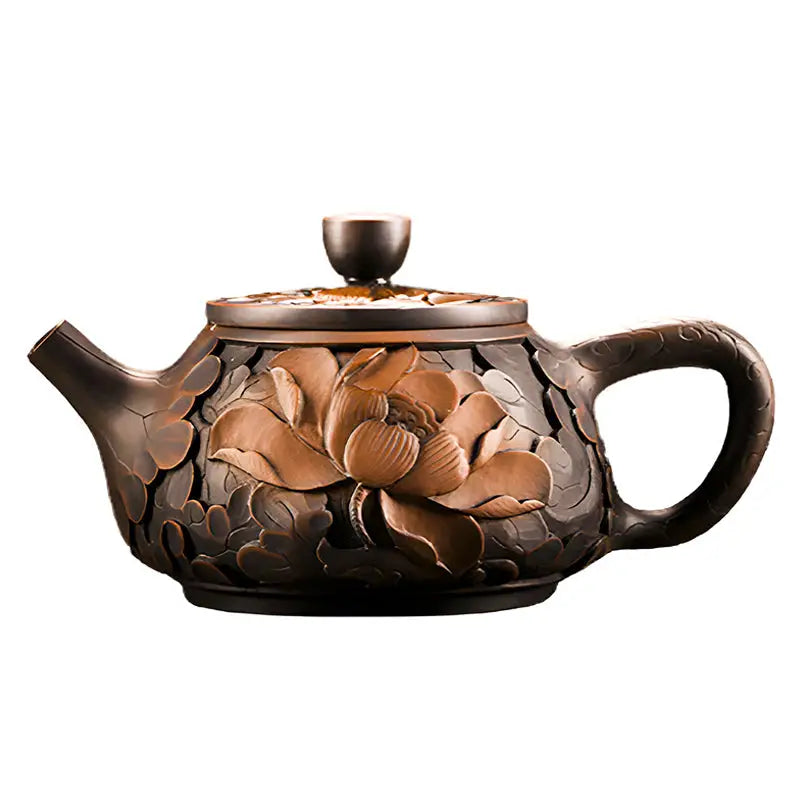 Ornate bronze teapot with floral relief from Bloom II, exemplifying modern purple clay Zitao teapot design