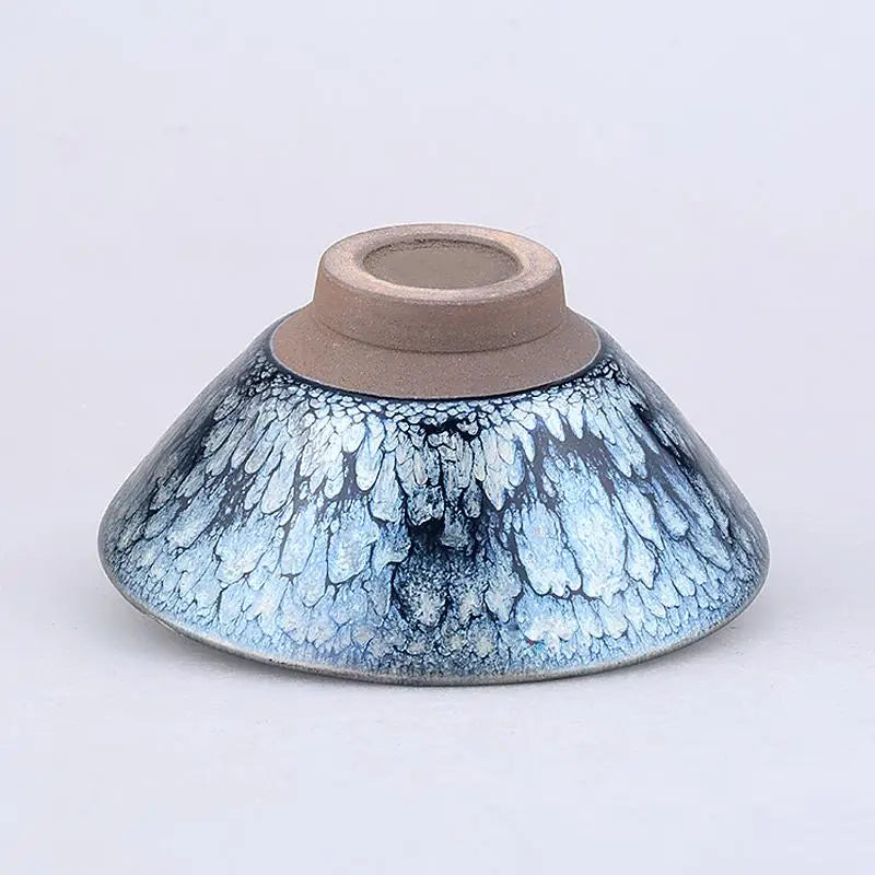 Blue and white patterned ceramic bowl with crystalline glaze, ideal for Jian Zhan tea or blooming frost displays