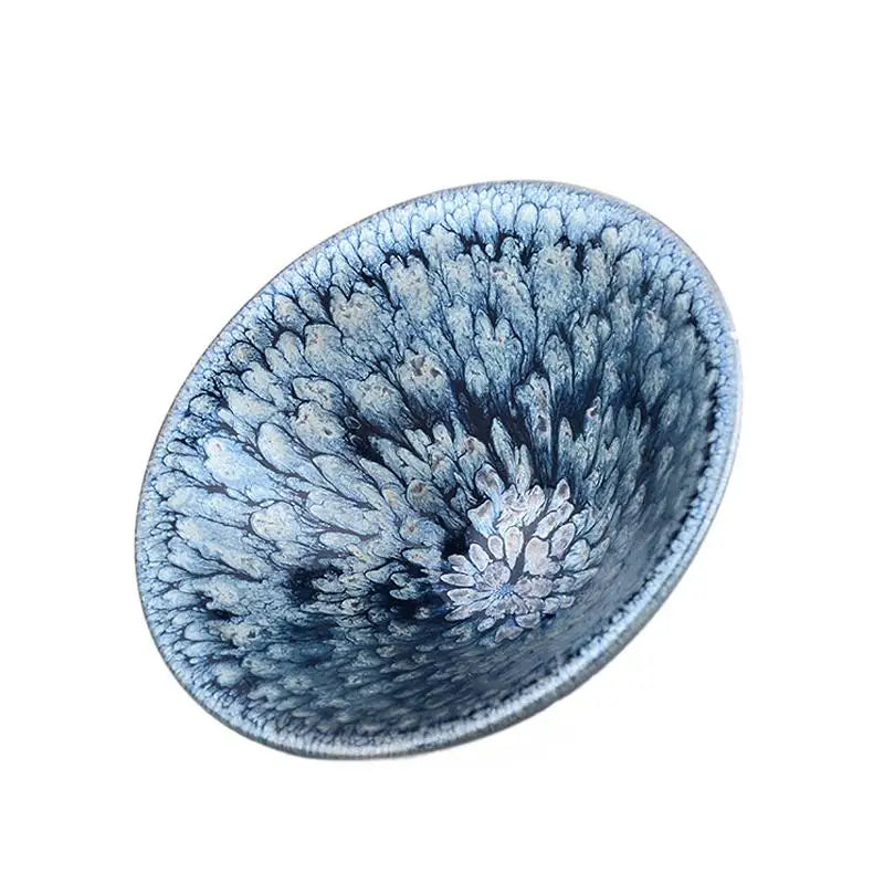 Blue and white patterned ceramic bowl with crystalline glaze for jian zhan tea or blooming frost