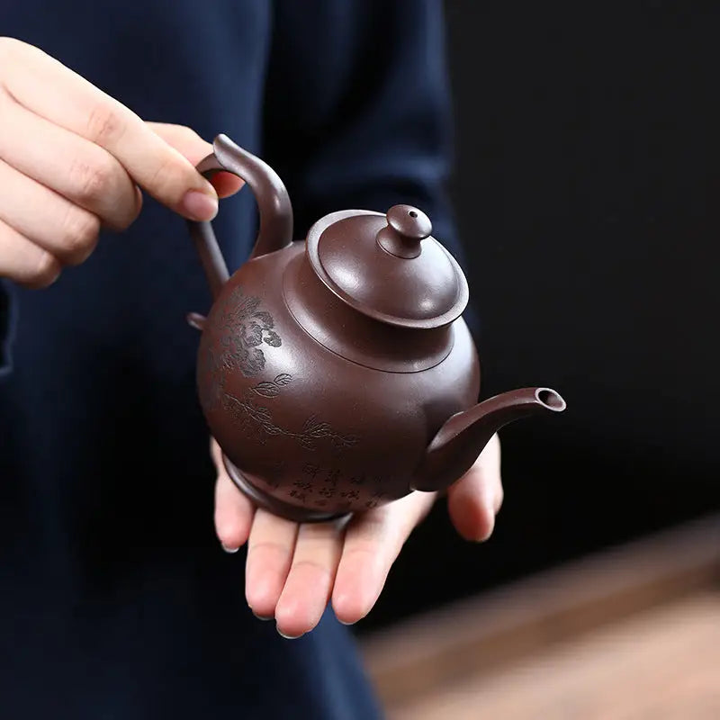 Brown ceramic teapot from Blooming Scroll in Yixing Zisha Zini Clay for tea brewing