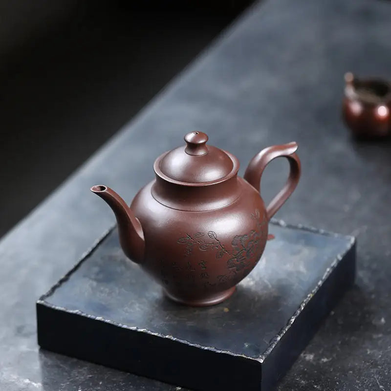 Brown ceramic teapot from Blooming Scroll made of Yixing Zisha Zini clay