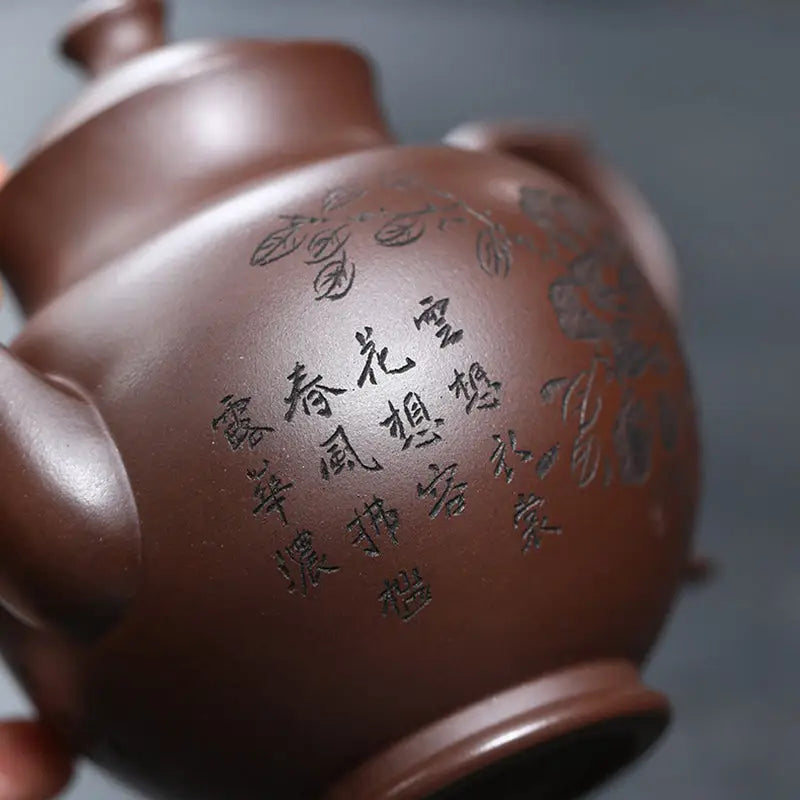 Brown Yixing Zisha Zini Clay Blooming Scroll ceramic teapot with etched floral design