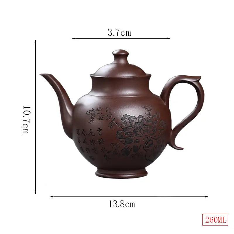 Brown ceramic teapot with floral design from Blooming Scroll in Yixing Zisha Zini clay