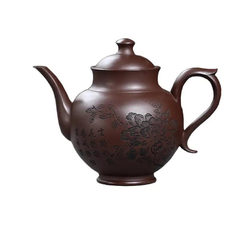 Brown ceramic teapot with floral design from Blooming Scroll made of Yixing Zisha zini clay
