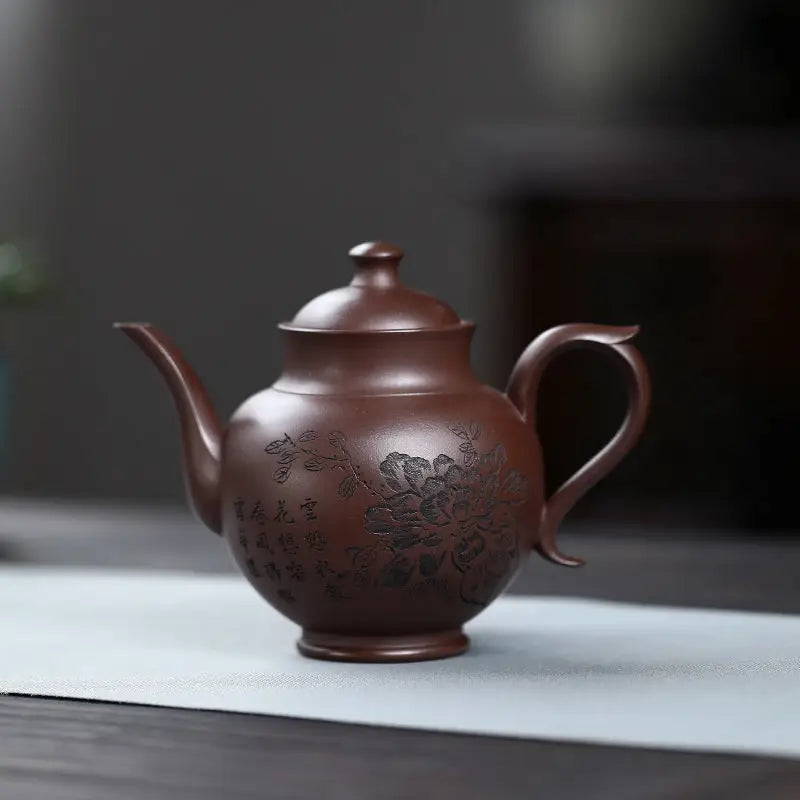 Blooming Scroll brown ceramic teapot with floral design in Yixing Zisha Zini clay