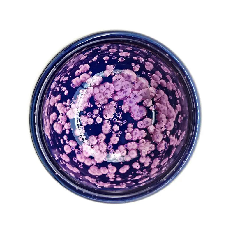 Blossom Jian Zhan blue pink speckled bowl inspired by spring petals for tea masters